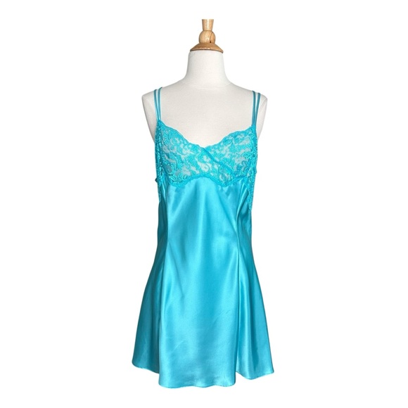 VICTORIA’S SECRET Y2K Satin & Lace Turquoise Chemise Slip Dress Lingerie Size XL - Picture 1 of 12